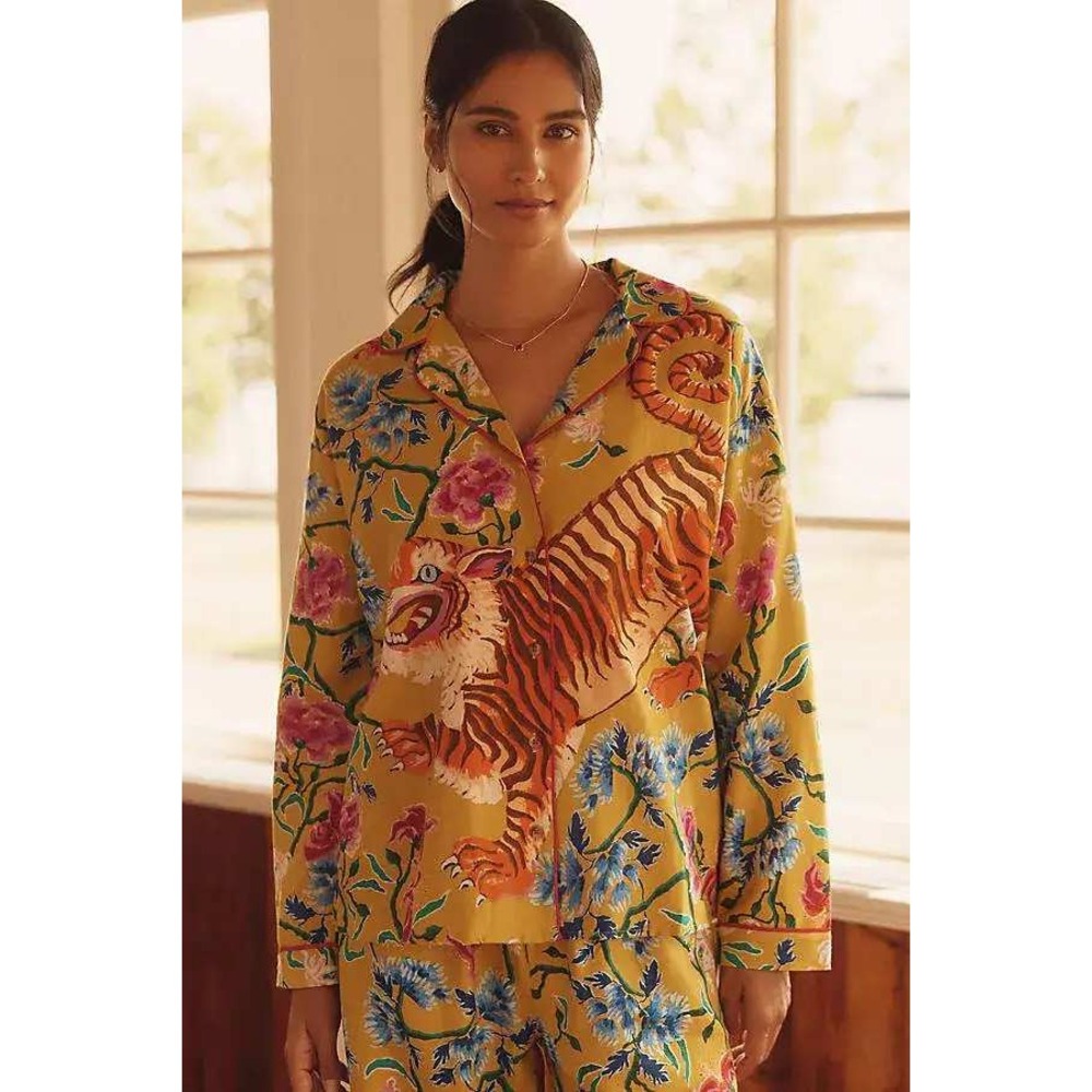 Anthropologie Lyrebird Cloud Flannel Pajama Top Gemmel Citron Small New With Tag